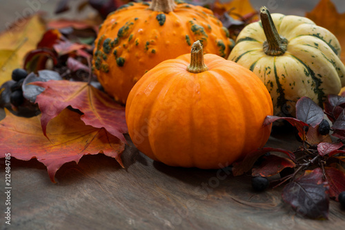 seasonal pumpkin with autumn leaves on wooden table