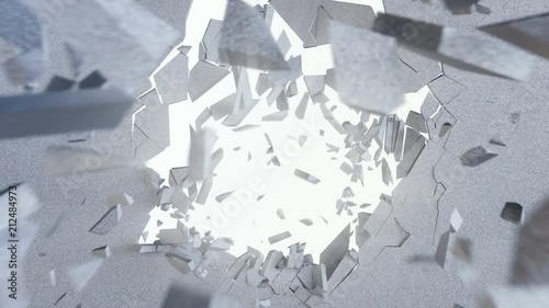 3d rendering, explosion, broken concrete wall, cracked earth, bullet hole, destruction, abstract background with volume light rays