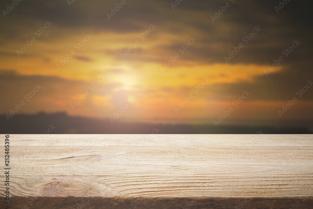 Perspective wood floor brown color texture with blur beautiful nature background. 
