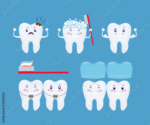 Tooth health icon set. Funny cartoon teeth set.  Tooth care cons