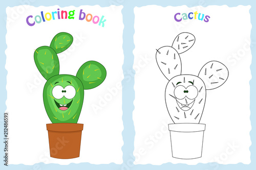 Coloring book page for  children with colorful cactus  and sketc