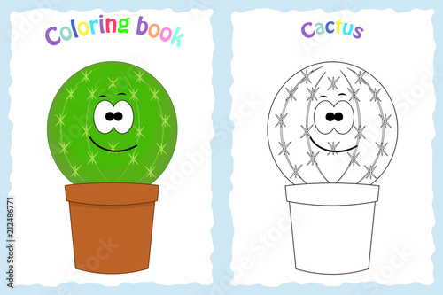 Coloring book page for  children with colorful cactus  and sketc