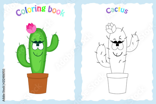 Coloring book page for  children with colorful cactus  and sketc