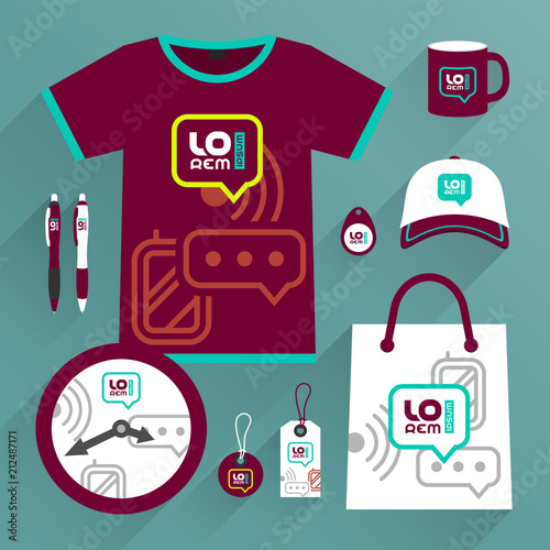 Corporate identity template, uniform and promotional gifts photo