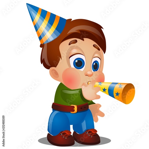 A little happy animated boy are blowing on festive pipes at birthday party isolated on white background. Vector cartoon close-up illustration.