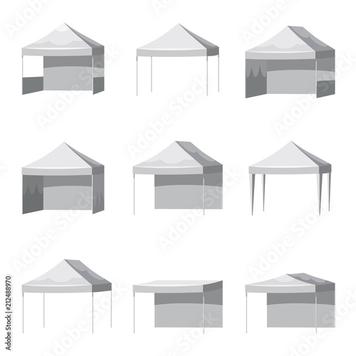 Set Canopy shed overhang awning mockup set. Cartoon style illustration of 9 canopy shed overhang awning mockups promotional outdoor event trade show pop-up tent mobile marquee, isolated