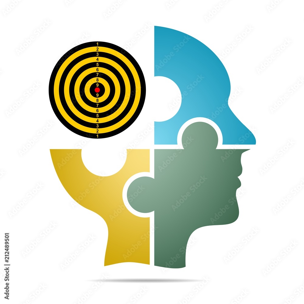 The human head composed of colored puzzle pieces with color target with gray shadow below the head on a white background. Human head composed of geometric elements The human head composed of colored puzzle pieces with color target with gray shadow below the head on a white background. Human head composed of geometric elements