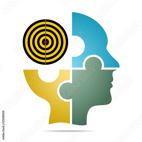 The human head composed of colored puzzle pieces with color target with gray shadow below the head on a white background. Human head composed of geometric elements 