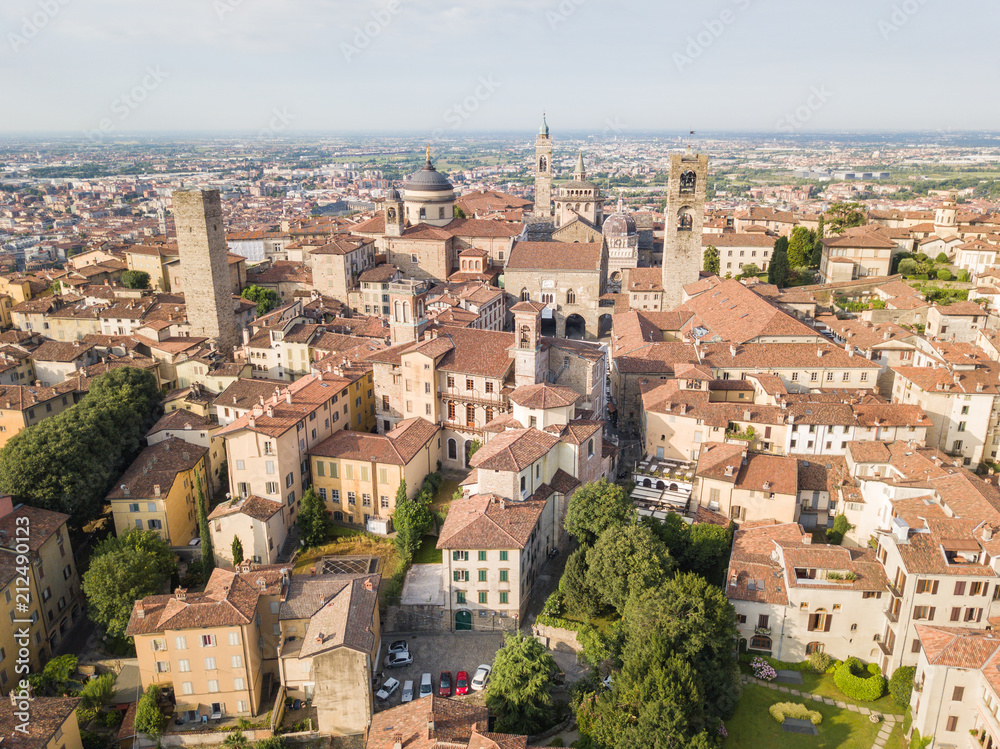 Drone aerial view of Bergamo - Old city. One of the beautiful town in Italy. Landscape to the city center and its historical buildings