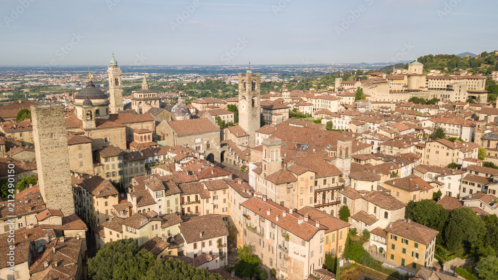 Drone aerial view of Bergamo - Old city. One of the beautiful town in Italy. Landscape to the city center and its historical buildings