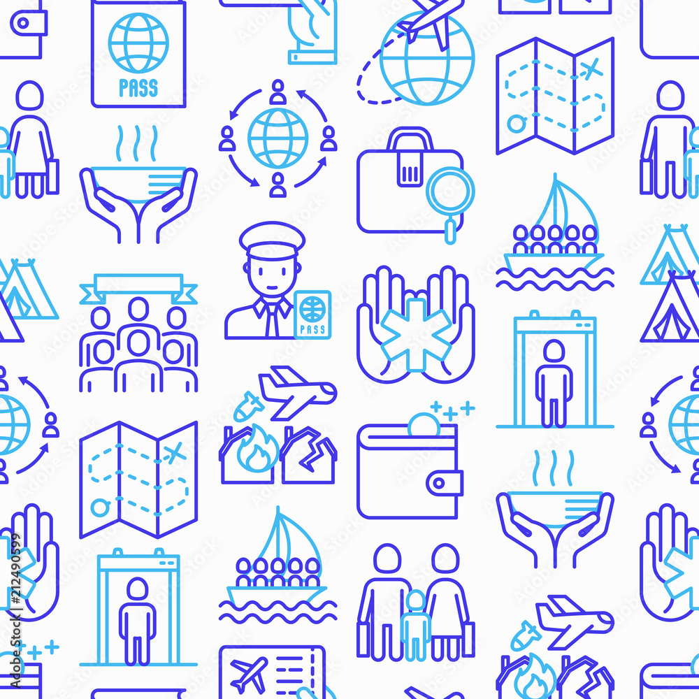 Immigration seamless pattern with thin line icons: immigrants, illegals, baggage examination, passport, international flights, customs, inspection, refugee camp. Modern vector illustration.