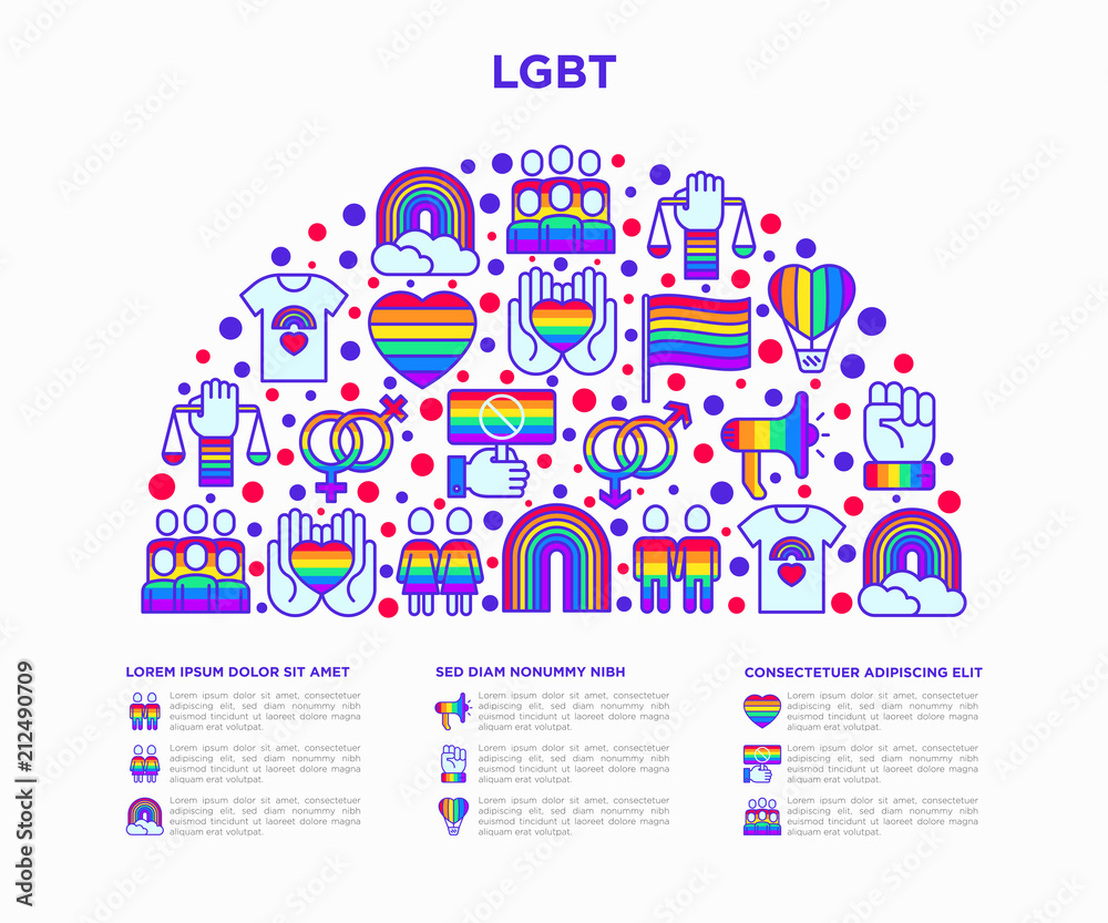 LGBT concept in half circle with thin line icons: gay, lesbian, rainbow ...