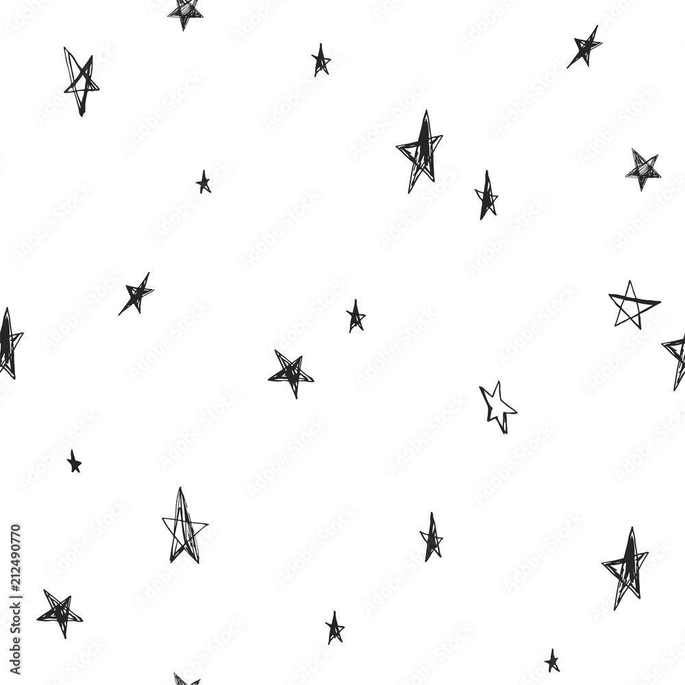 Vector seamless pattern with hand drawn stars isolated on white. Abstract texture with scribbles in sketch style. Doodle background