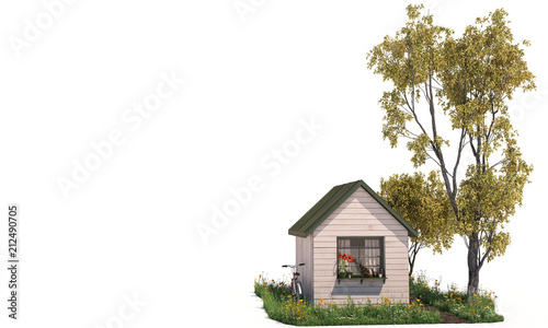 Tiny Hut by the Tree with a Cat and Bicycle
