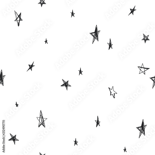Vector seamless pattern with hand drawn stars isolated on white. Abstract texture with scribbles in sketch style. Doodle background © mashikomo