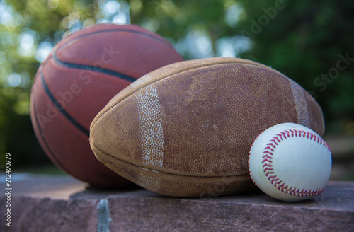 Photography A basketball, football and baseball sit on a ledge