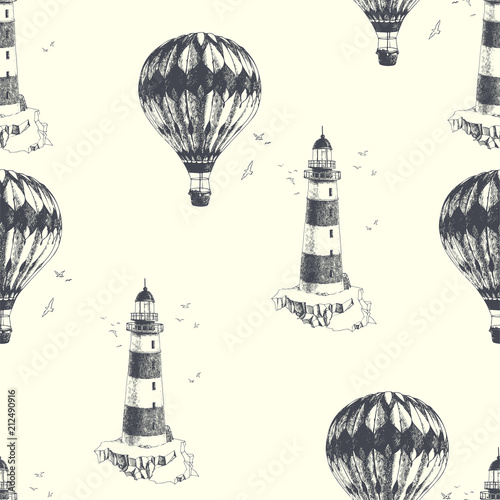 Summer dreams. Vector seamless pattern with vintage illustrations of travel symbols. Hand drawn texture with engraved lighthouse and aerostat isolated on white