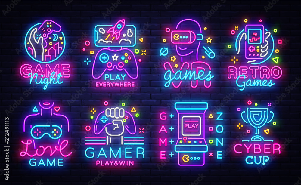 Big Collection Video Games Logos Vector Conceptual Neon Signs. Video Games Emblems Design Template, modern trend design, bright vector illustration, promotional games, light banner. Vector