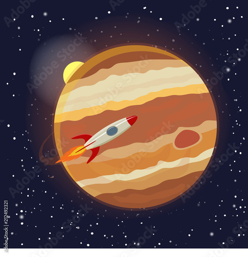 A space rocket flies over Jupiter. Vector illustration