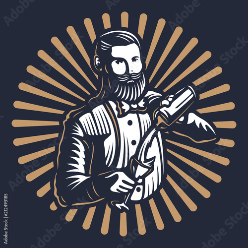 Bearded barmen, barkeeper or bartender in work silhouette with shaker logo design on black background - Hand drawn man with beard and mustache vector illustration. Gold and white vintage emblem design
