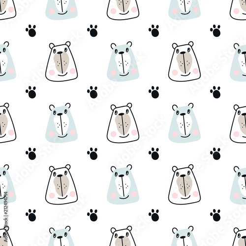 Cute hand drawn nursery seamless pattern with bear faces. Vector illustration in candinavian style photo