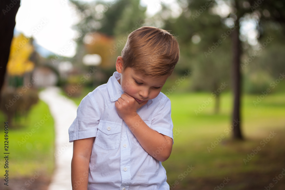 Portrait of a funny serious boy in a white shirt with a beautiful hairdo holding his chin with a hand against the background of blurry trees outside the city. Portrait of a funny serious boy in a white shirt with a beautiful hairdo holding his chin with a hand against the background of blurry trees outside the city.