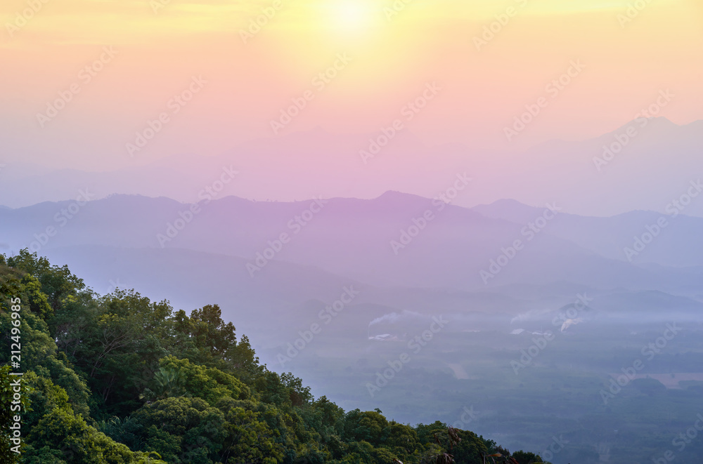 View of mountain with fog and color of sunrise filter color style