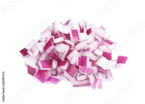 Fresh chopped red onion on white background