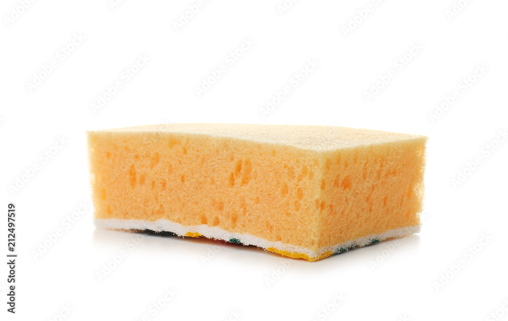 New sponge on white background. Cleaning supplies