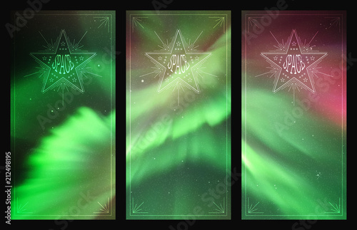 Set of vertical banners with beautiful starry sky and Northern lights. Vector illustration with aurora borealis. Abstract colorful cards for design