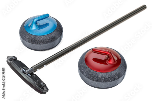 Foto Curling broom and curling stones, 3D rendering