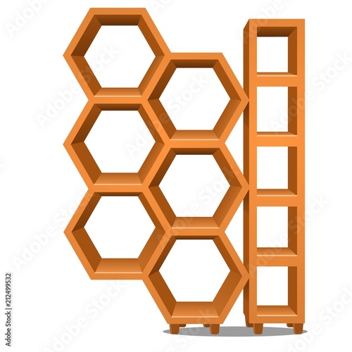 Wooden rack in the form of honeycomb isolated on white background. Vector cartoon close-up illustration.
