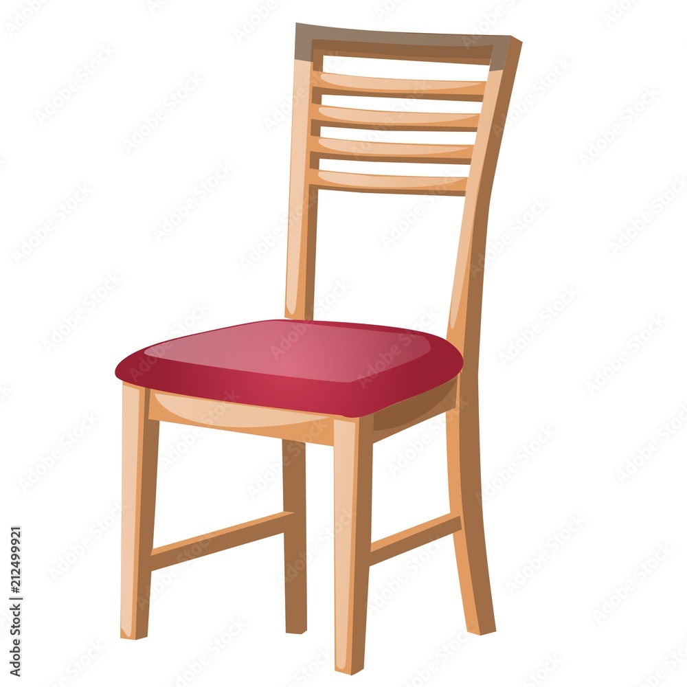 Wooden chair with red upholstery isolated on white background. Vector cartoon close-up illustration.