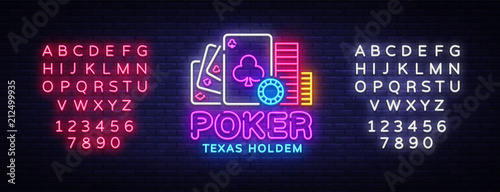 Poker neon sign design vector template. Casino Poker Texas Holdem Night Logo, Bright Neon Signboard, Design Element for Casino, Gambling Neon, Bright Night Advertising. Vector. Editing text neon sign
