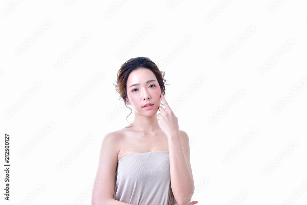 The concept of healthy beautiful woman. Beautiful women keep healthy. Beautiful women take care of skin health. Beautiful girl on white background The concept of healthy beautiful woman. Beautiful women keep healthy. Beautiful women take care of skin health. Beautiful girl on white background