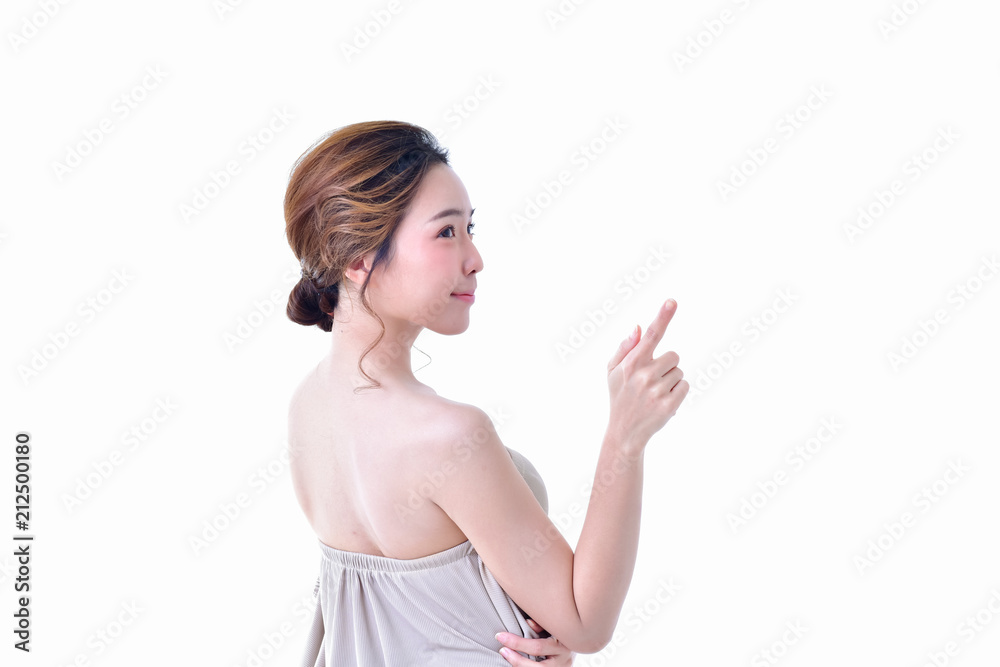 The concept of healthy beautiful woman. Beautiful women keep healthy. Beautiful women are present. Beautiful woman pointing fingers on white background. The concept of healthy beautiful woman. Beautiful women keep healthy. Beautiful women are present. Beautiful woman pointing fingers on white background.