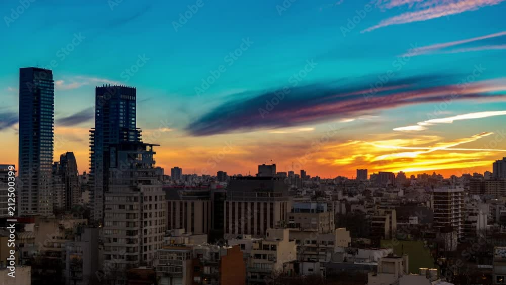 Time-lapse view on the beautiful sunset over the skyline of the city in Buenos Aires, Argentina.
Time-lapse view on the beautiful sunset over the skyline of the city in Buenos Aires, Argentina.