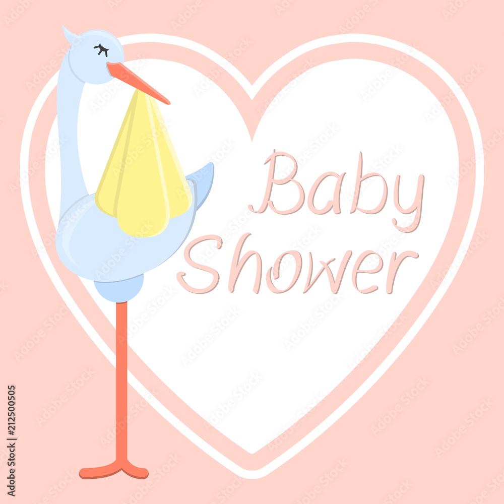 Baby shower card with stork carrying baby. Flat style vector illustration.  There is place for your text Stock Vector | Adobe Stock