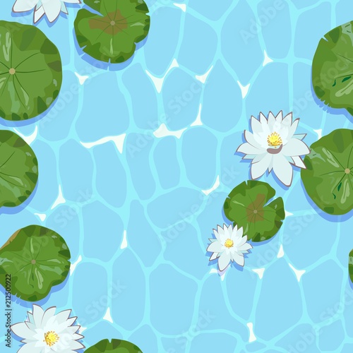 Seamless pattern with image of flowers and lotus leaves on water. Vector illustration.