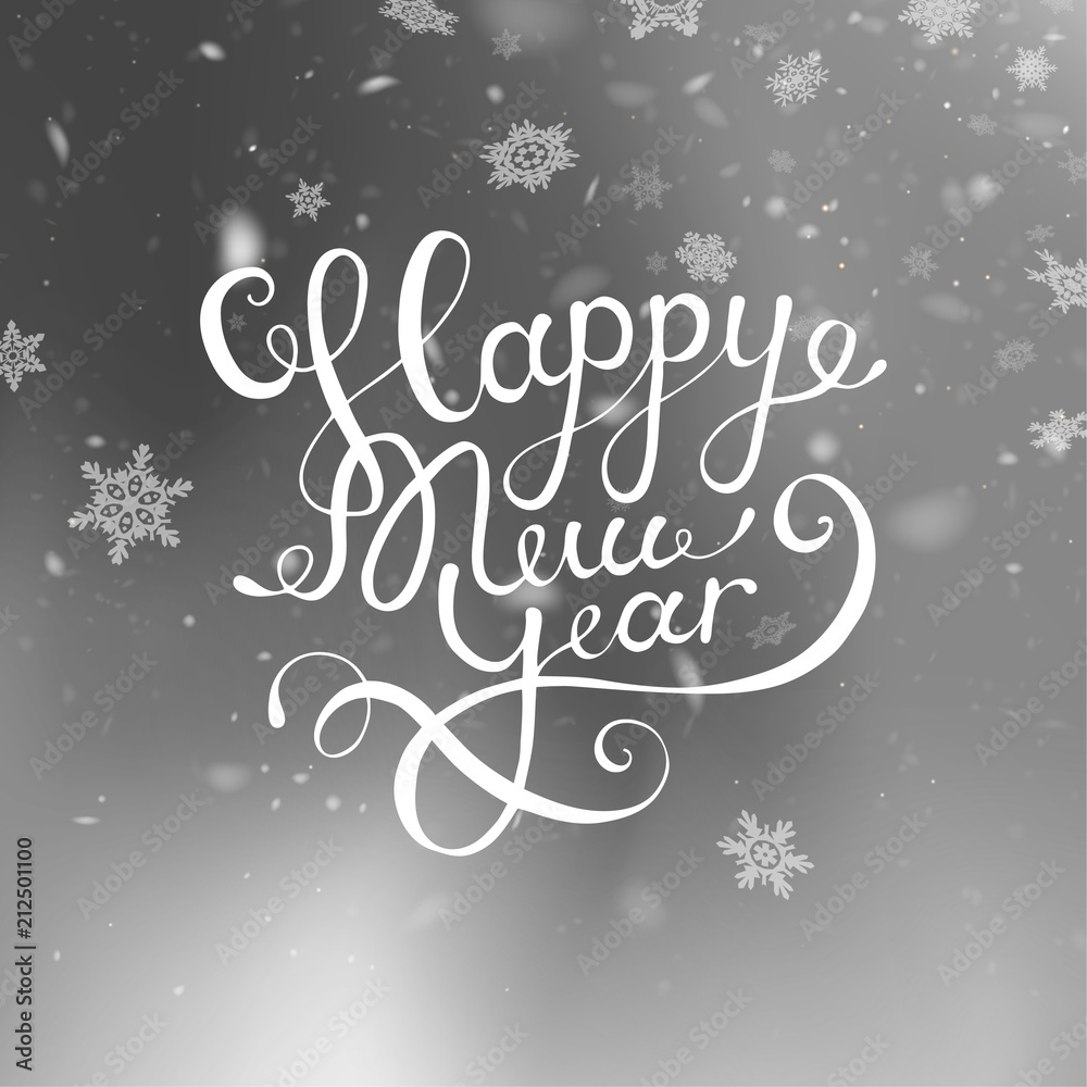 Vector illustration Happy New Year. Blurred blue background. Falling snow. Wallpaper. lettering Greeting Card. Falling snow. Snowflakes, snowfall. Flake of snow EPS10