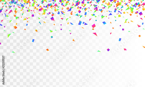 Stock vector illustration realistic defocused colorful, multicolor confetti, glitters Isolated on a transparent checkered background. Festive background. Holiday decorative tinsel element for design