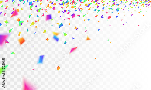 Stock vector illustration realistic defocused colorful, multicolor confetti, glitters Isolated on a transparent checkered background. Festive background. Holiday decorative tinsel element for design