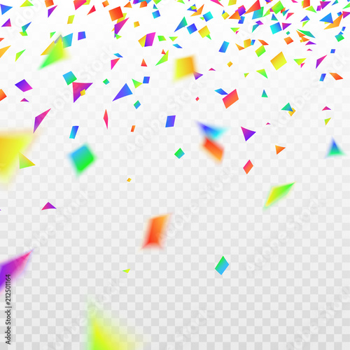 Stock vector illustration realistic defocused colorful, multicolor confetti, glitters Isolated on a transparent checkered background. Festive background. Holiday decorative tinsel element for design