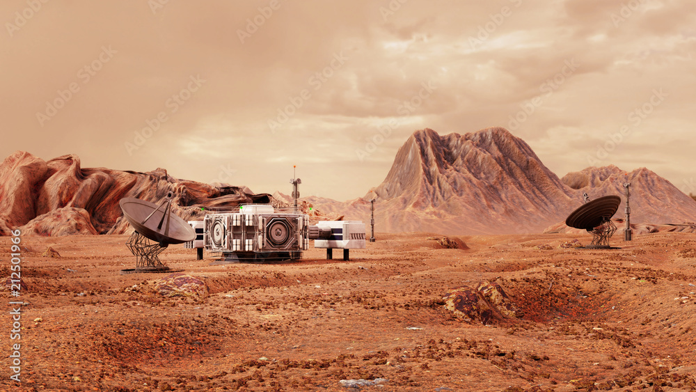 base on Mars, first colonization, martian colony in desert landscape on the red planet base on Mars, first colonization, martian colony in desert landscape on the red planet