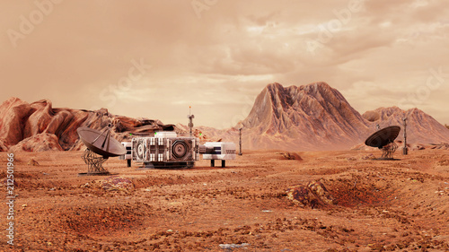 base on Mars, first colonization, martian colony in desert landscape on the red planet photo