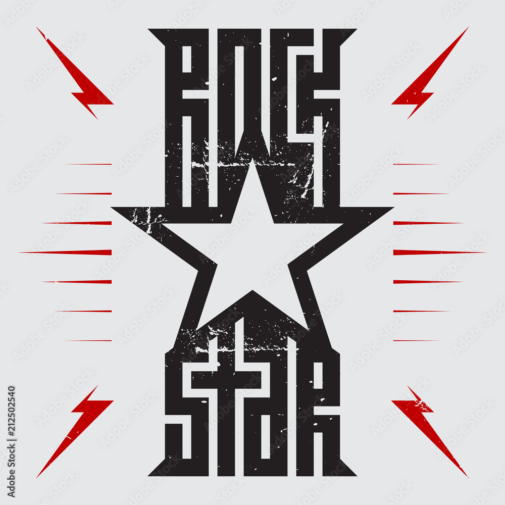 Rockstar - music poster with red lightnings star. Star - t-shirt design. T-shirt apparels cool print. Stock-vektor | Adobe Stock