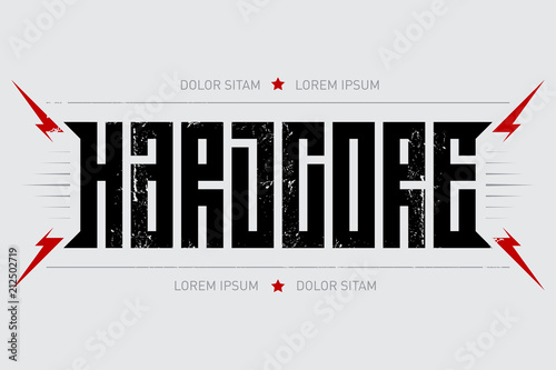 Hardcore - music poster. Hard core - t-shirt design with red lightnings. T-shirt apparels cool print.