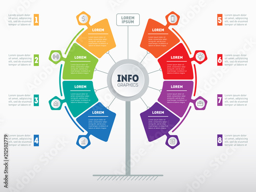Web Template of service tree, info chart or diagram. Vector infographic of technology or education process with 8 steps. Business presentation concept with 8 options on light background.