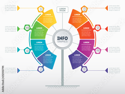 Business presentation concept with 8 options on light background. Web Template of service tree, info chart or diagram. Vector infographic of technology or education process with 8 steps.