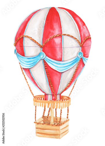 Watercolor red air balloon on a white background.